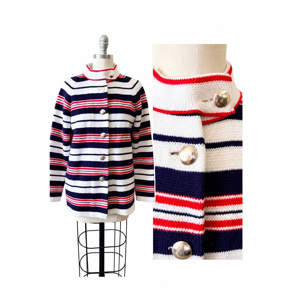 60s Full Fashioned Import Mod Knit Jacket Striped Virgin Acrylic M Retro Sweater